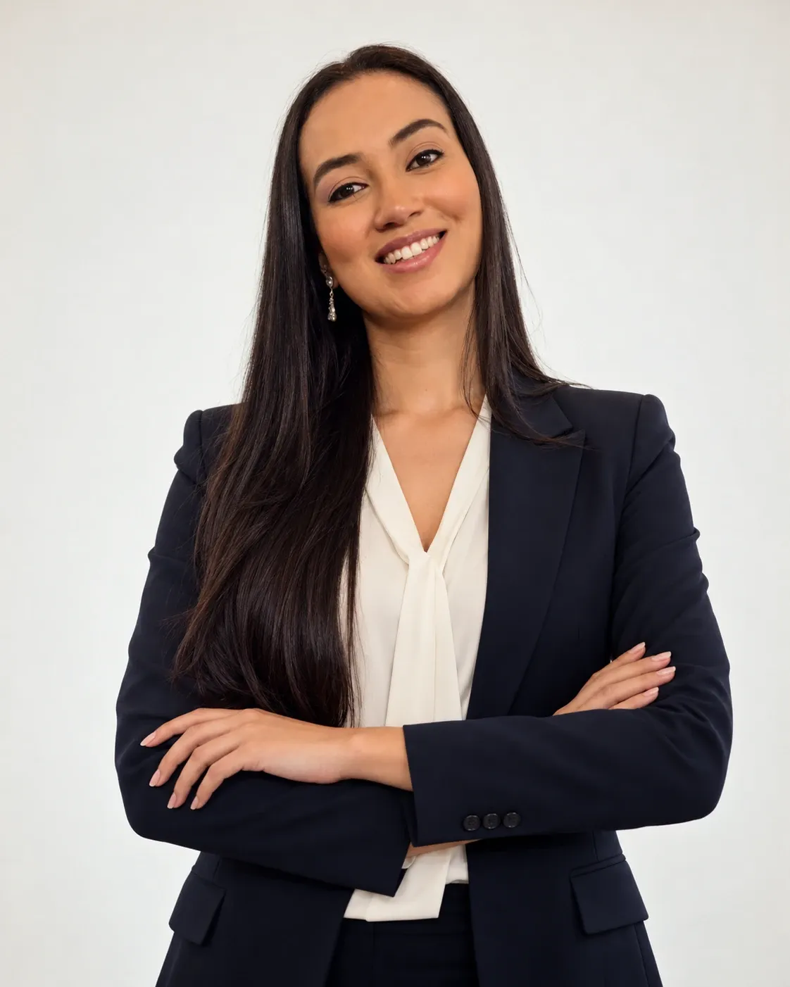 Retrato da advogada Paloma Santos, de blazer azul-marinho e blusa clara, sorrindo de braços cruzados